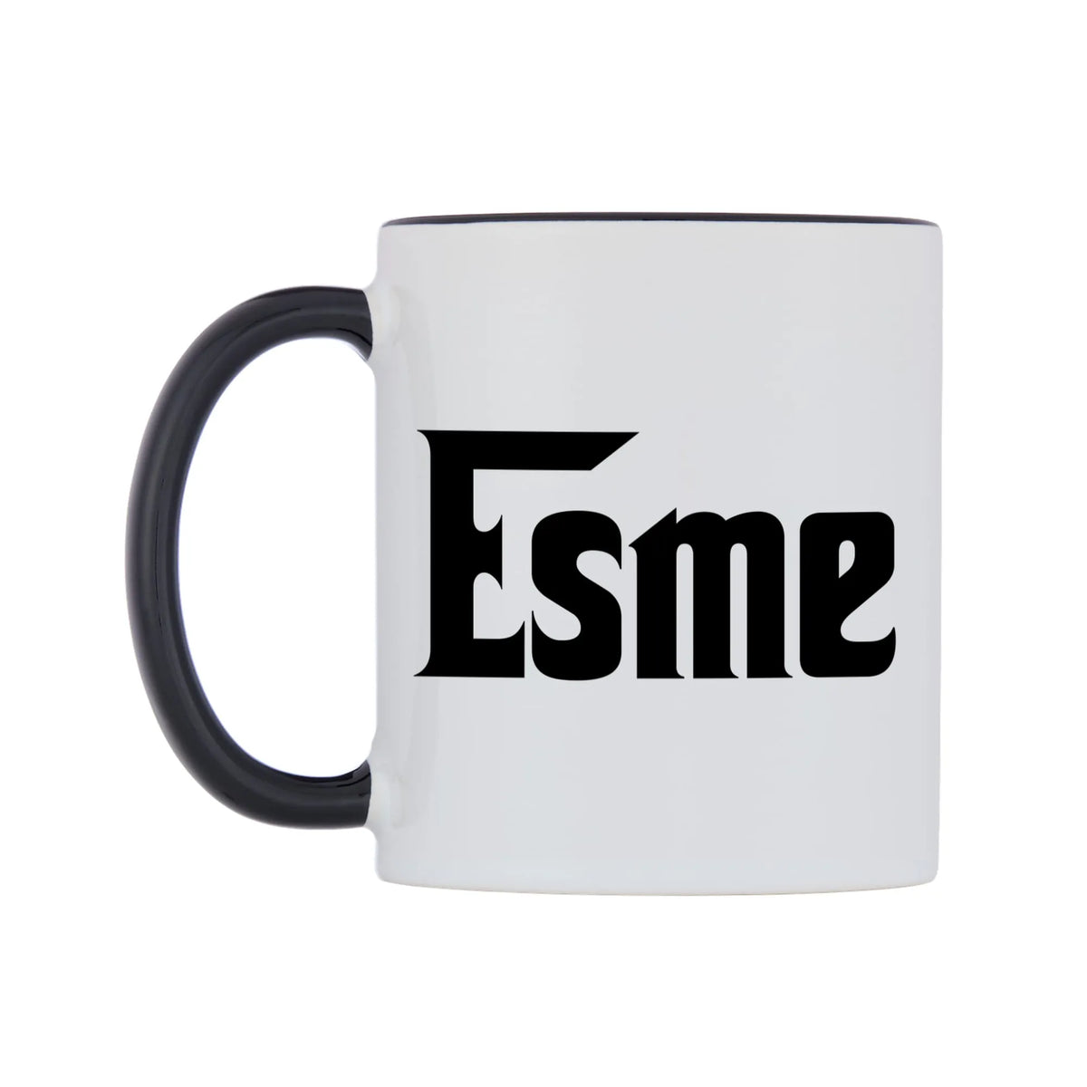 Esme - Godfather Themed Mug — white 11oz gloss mug with a black inside and handle, right side, on a white background