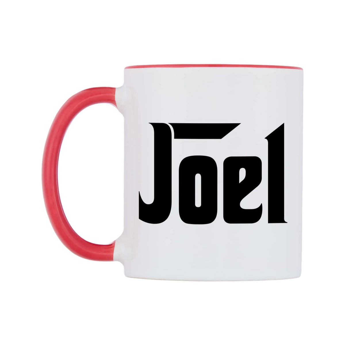 Joel - Godfather Themed Mug — white 11oz gloss mug with a red inside and handle, right side, on a white background