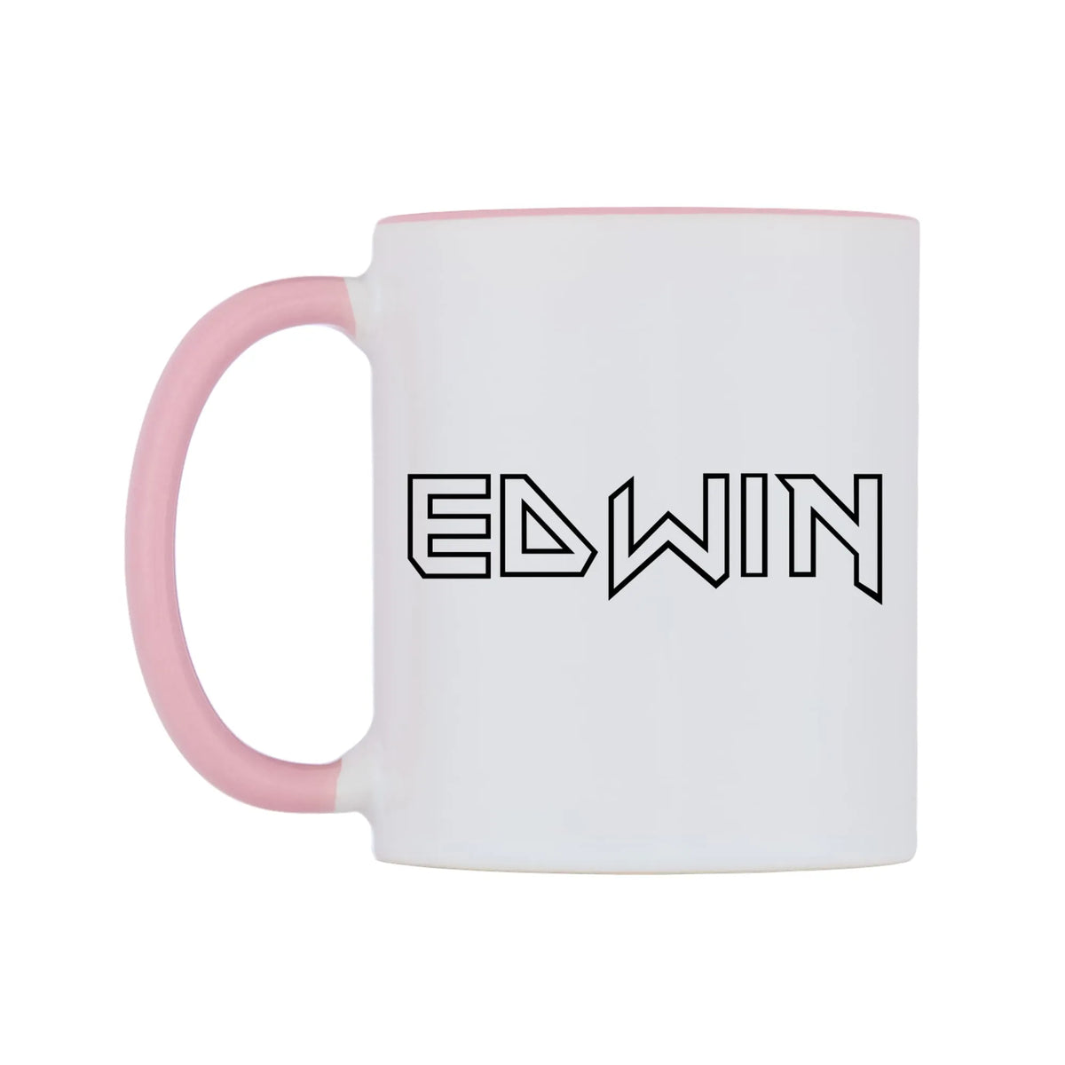 Edwin - Iron Maiden Themed Mug — white 11oz gloss mug with a pink inside and handle, right side, on a white background