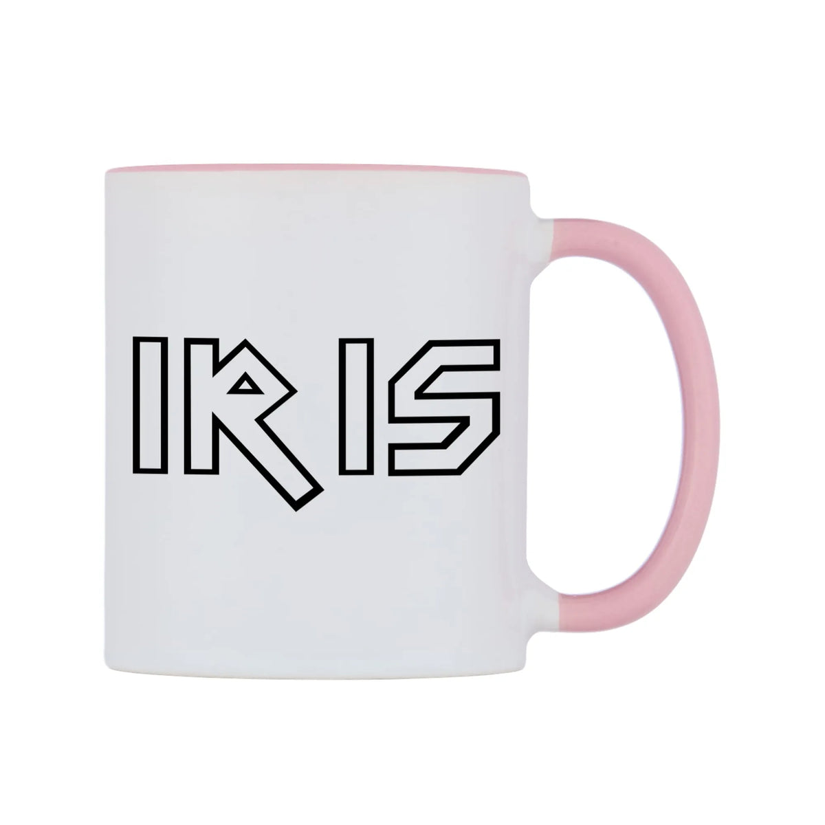 Iris - Iron Maiden Themed Mug — white 11oz gloss mug with a pink inside and handle, left side, on a white background