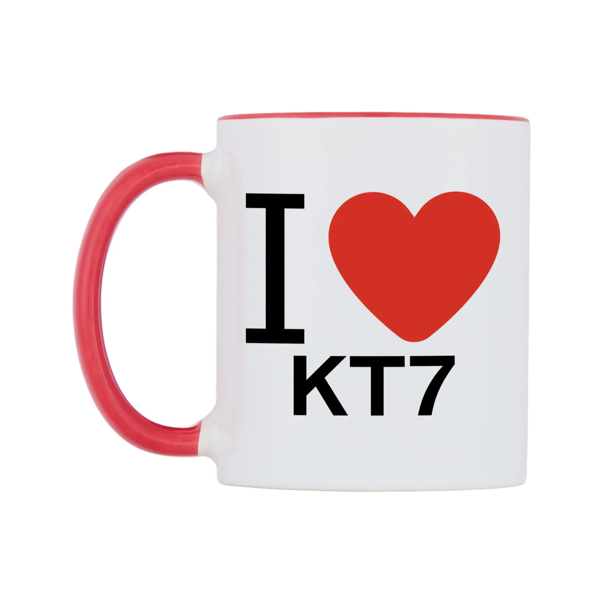 I Love KT7 Mug — white 11oz gloss mug with a red inside and handle, right side, on a white background