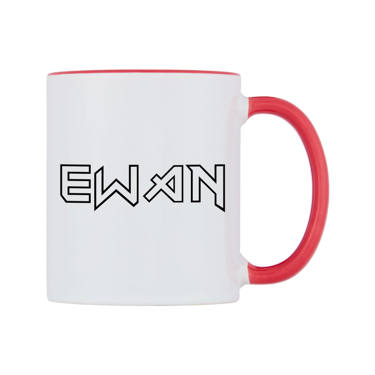 Ewan - Iron Maiden Themed Mug — white 11oz gloss mug with a red inside and handle, left side, on a white background