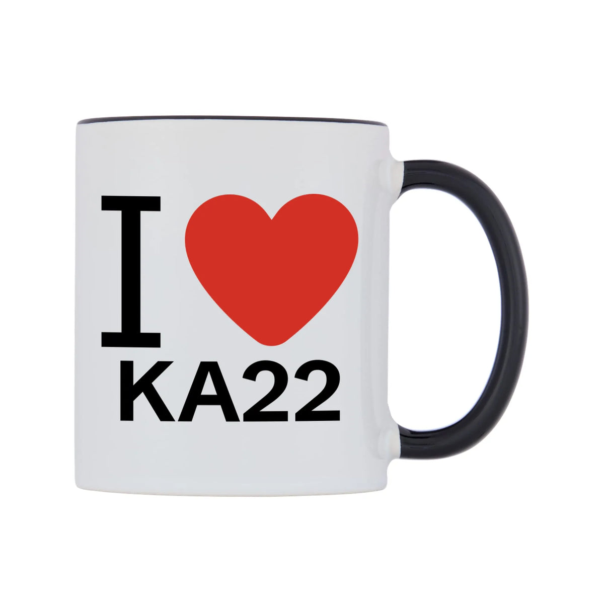 I Love KA22 Mug — white 11oz gloss mug with a black inside and handle, left side, on a white background