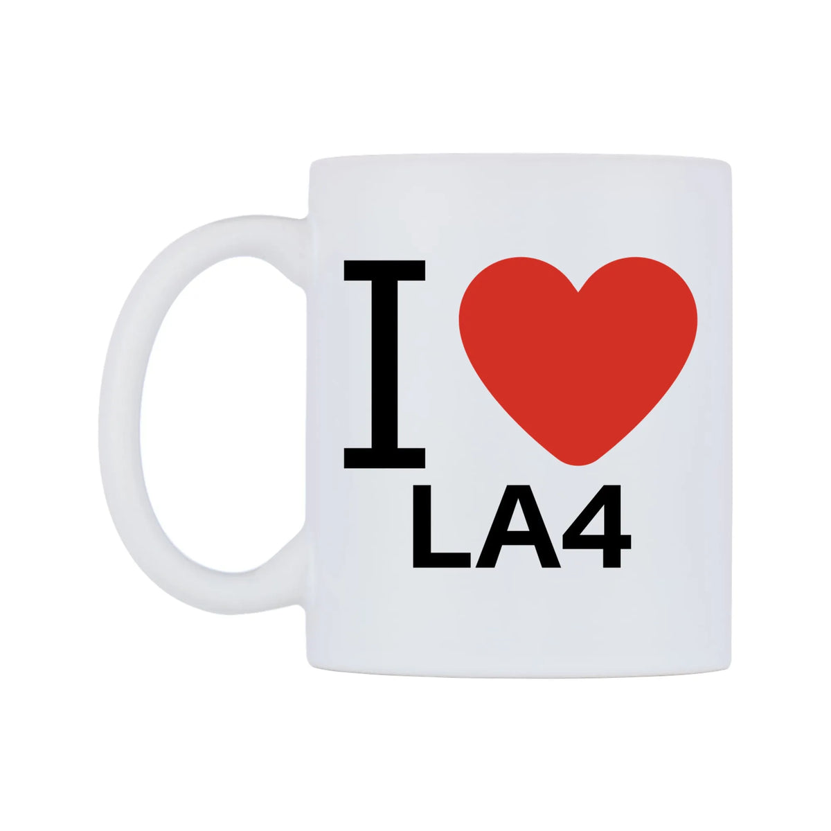 I Love LA4 Mug — white 11oz gloss mug, right side, on a white background