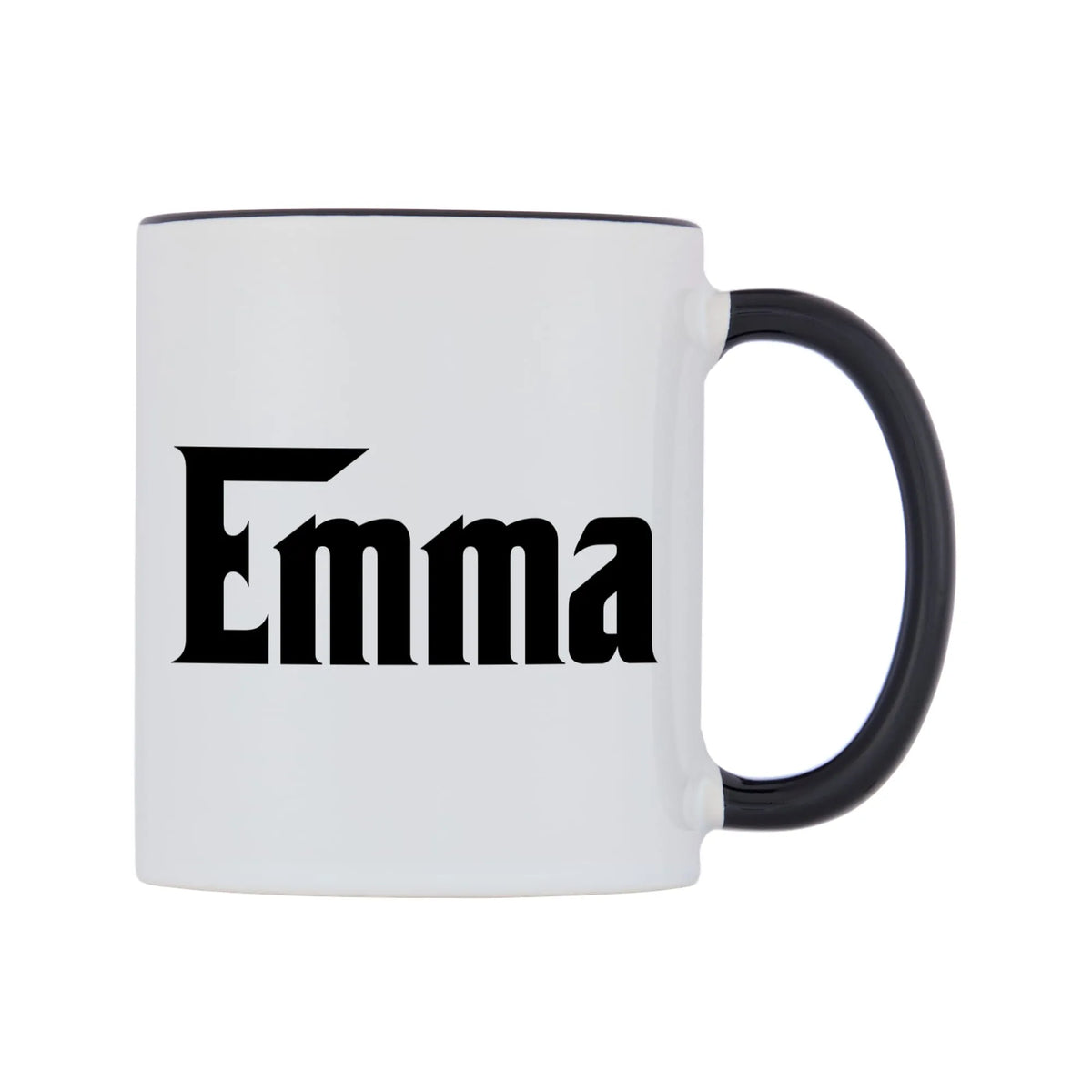 Emma - Godfather Themed Mug — white 11oz gloss mug with a black inside and handle, left side, on a white background