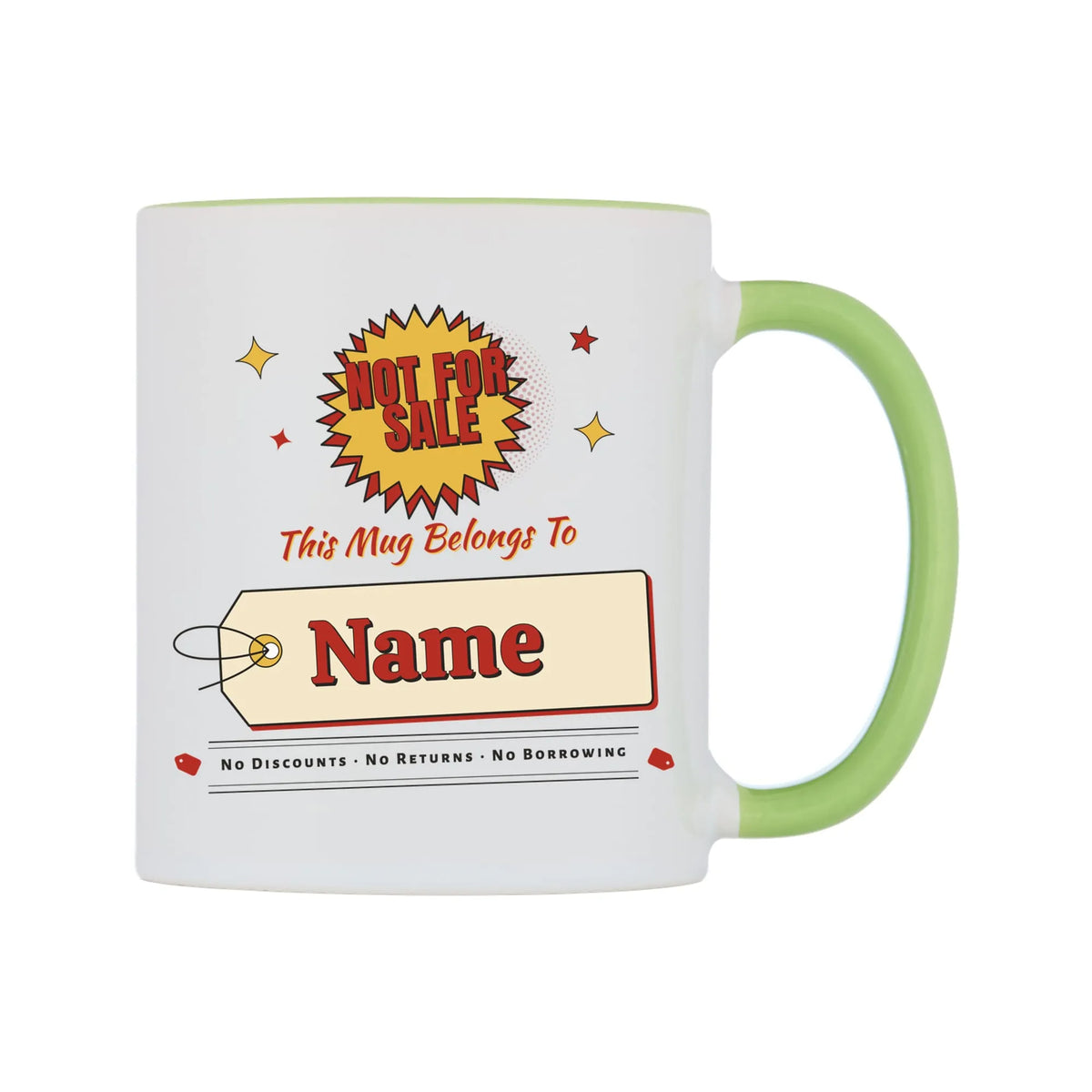 Not For Sale Swing Tag Mug — white 11oz gloss mug with a light green inside and handle, on a white background