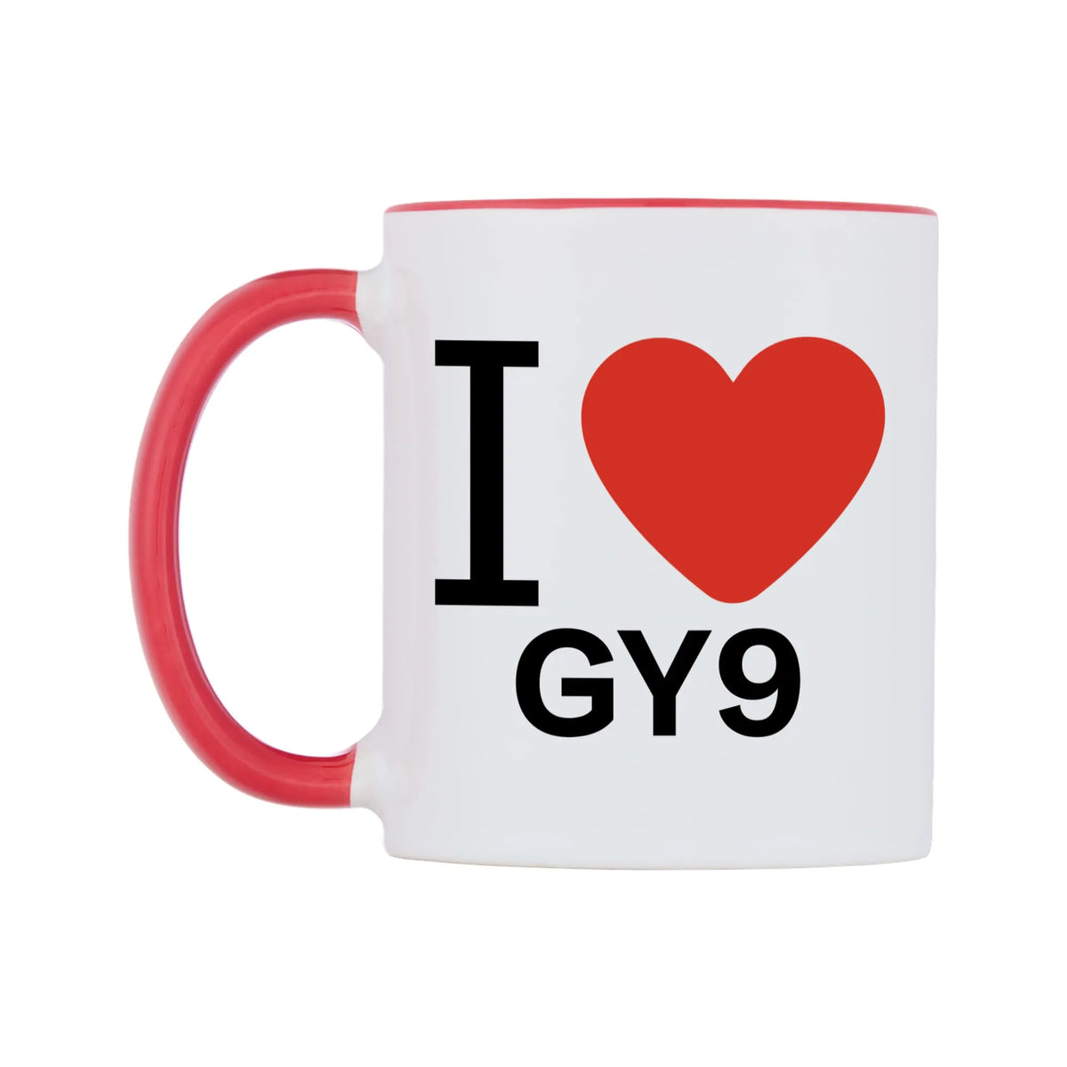 I Love GY9 Mug — white 11oz gloss mug with a red inside and handle, right side, on a white background