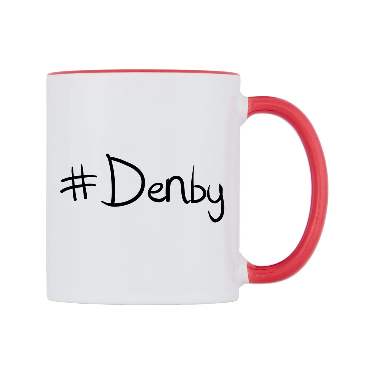 Denby Mug — white 11oz gloss mug with a red inside and handle, left side, on a white background