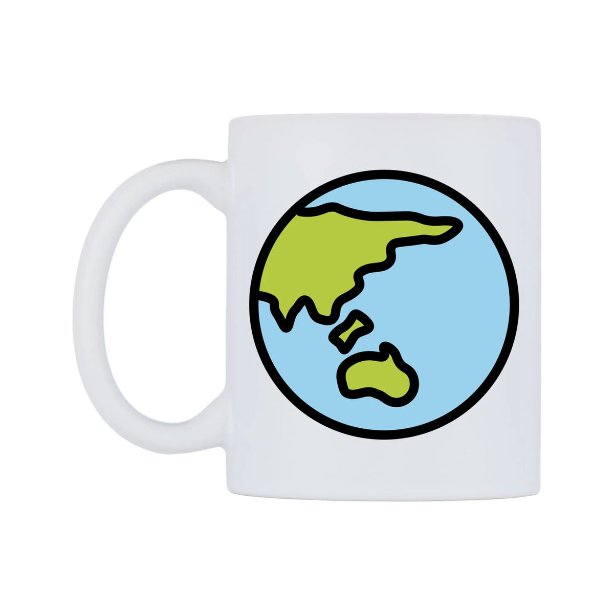 Globe Showing Asia-Australia Emoji Mug — mug, right side, on a white background