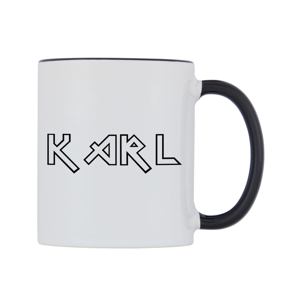 Karl - Iron Maiden Themed Mug — white 11oz gloss mug with a black inside and handle, left side, on a white background