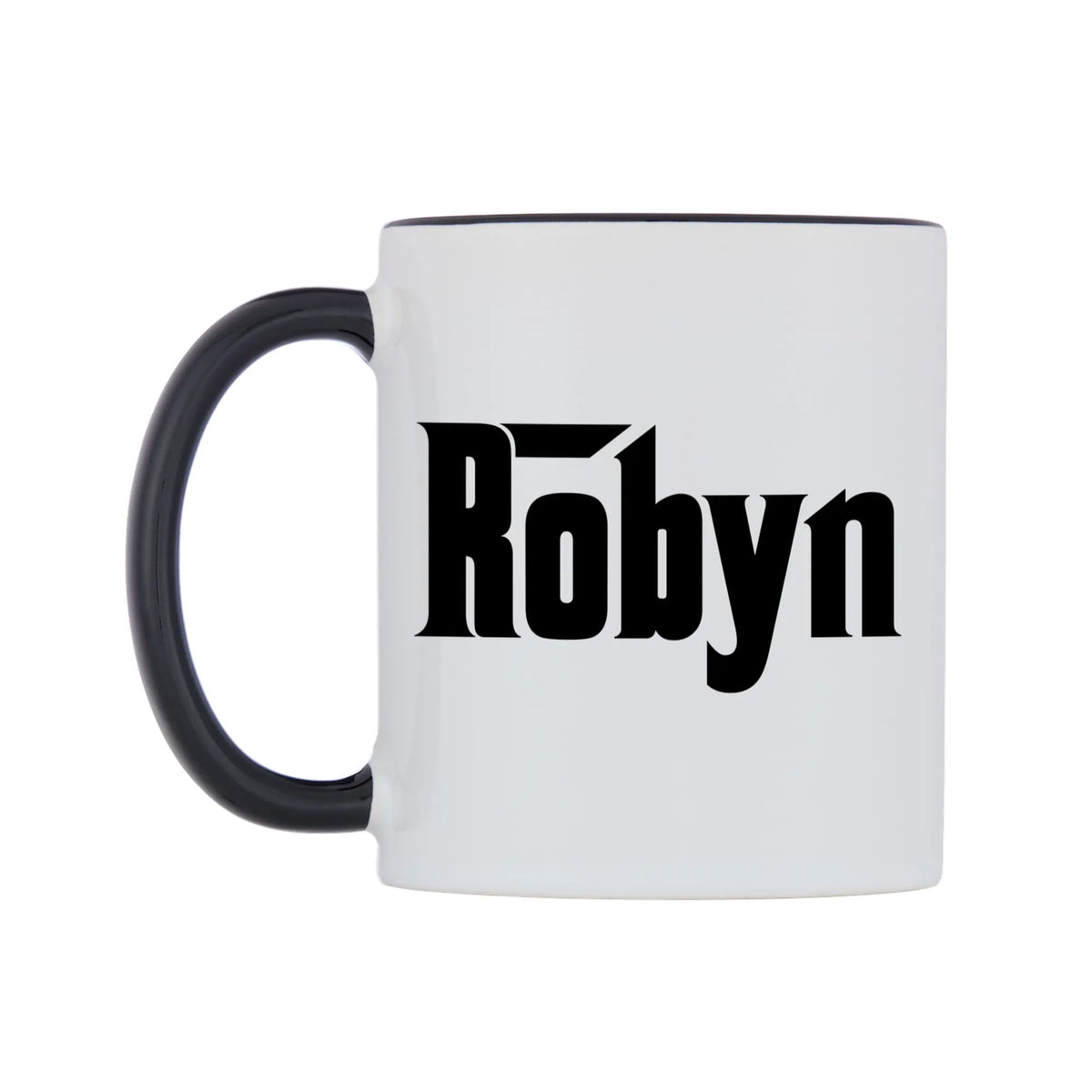 Robyn - Godfather Themed Mug — white 11oz gloss mug with a black inside and handle, right side, on a white background