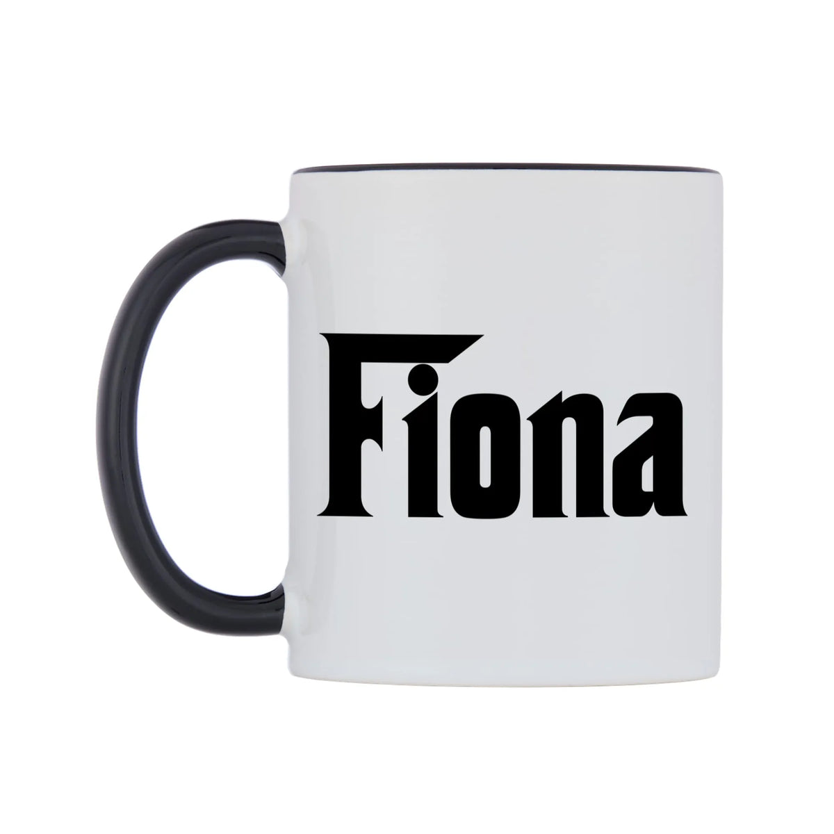 Fiona - Godfather Themed Mug — white 11oz gloss mug with a black inside and handle, right side, on a white background