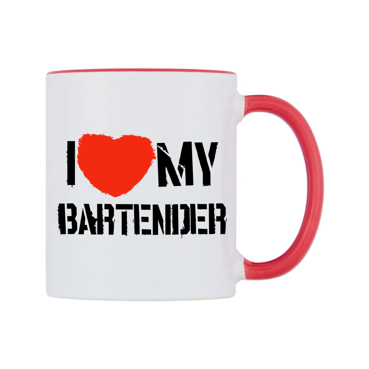 I Love My Bartender Mug — white 11oz gloss mug with a red inside and handle, left side, on a white background