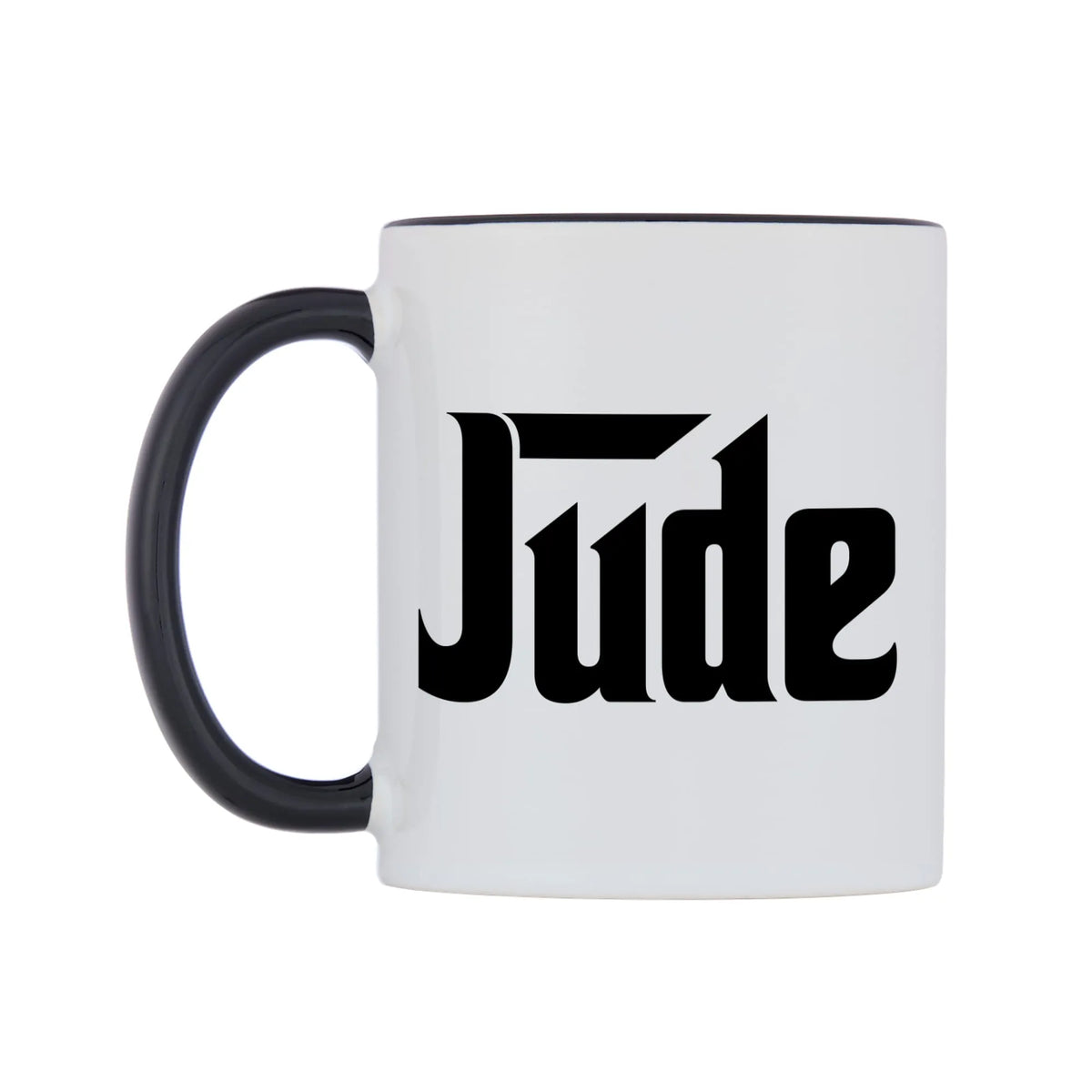 Jude - Godfather Themed Mug — white 11oz gloss mug with a black inside and handle, right side, on a white background