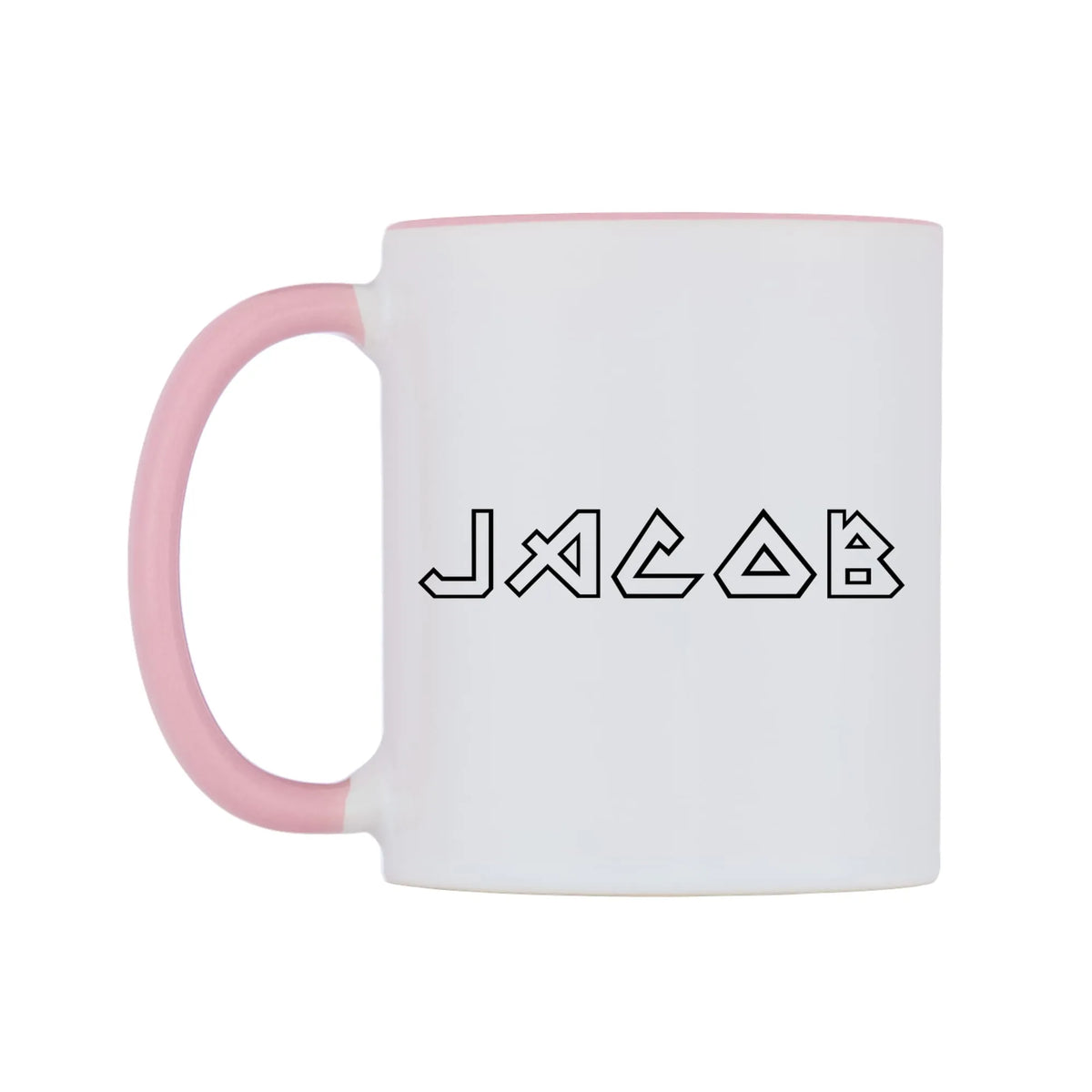 Jacob - Iron Maiden Themed Mug — white 11oz gloss mug with a pink inside and handle, right side, on a white background