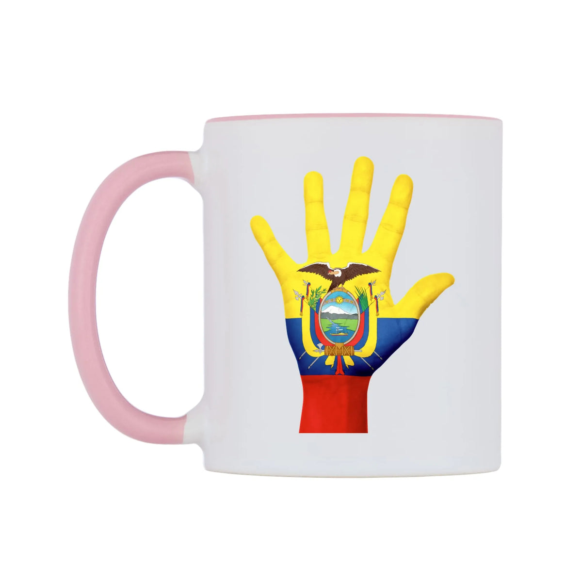 Ecuador Hand Flag Mug — white 11oz gloss mug with a pink inside and handle, right side, on a white background