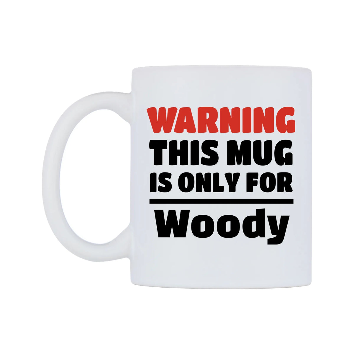 Warning This Mug is ONLY for Woody Mug — white 11oz gloss mug, right side, on a white background