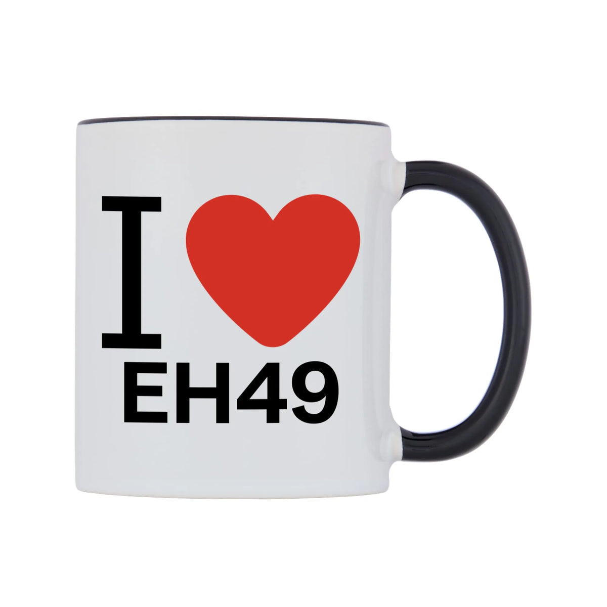 I Love EH49 Mug — white 11oz gloss mug with a black inside and handle, left side, on a white background