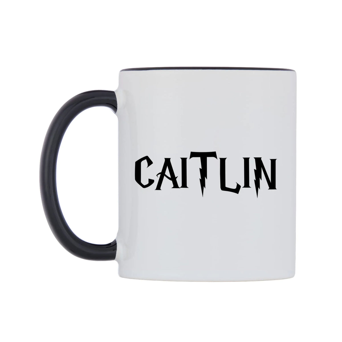 Caitlin - Wizard Themed Mug — white 11oz gloss mug with a black inside and handle, right side, on a white background