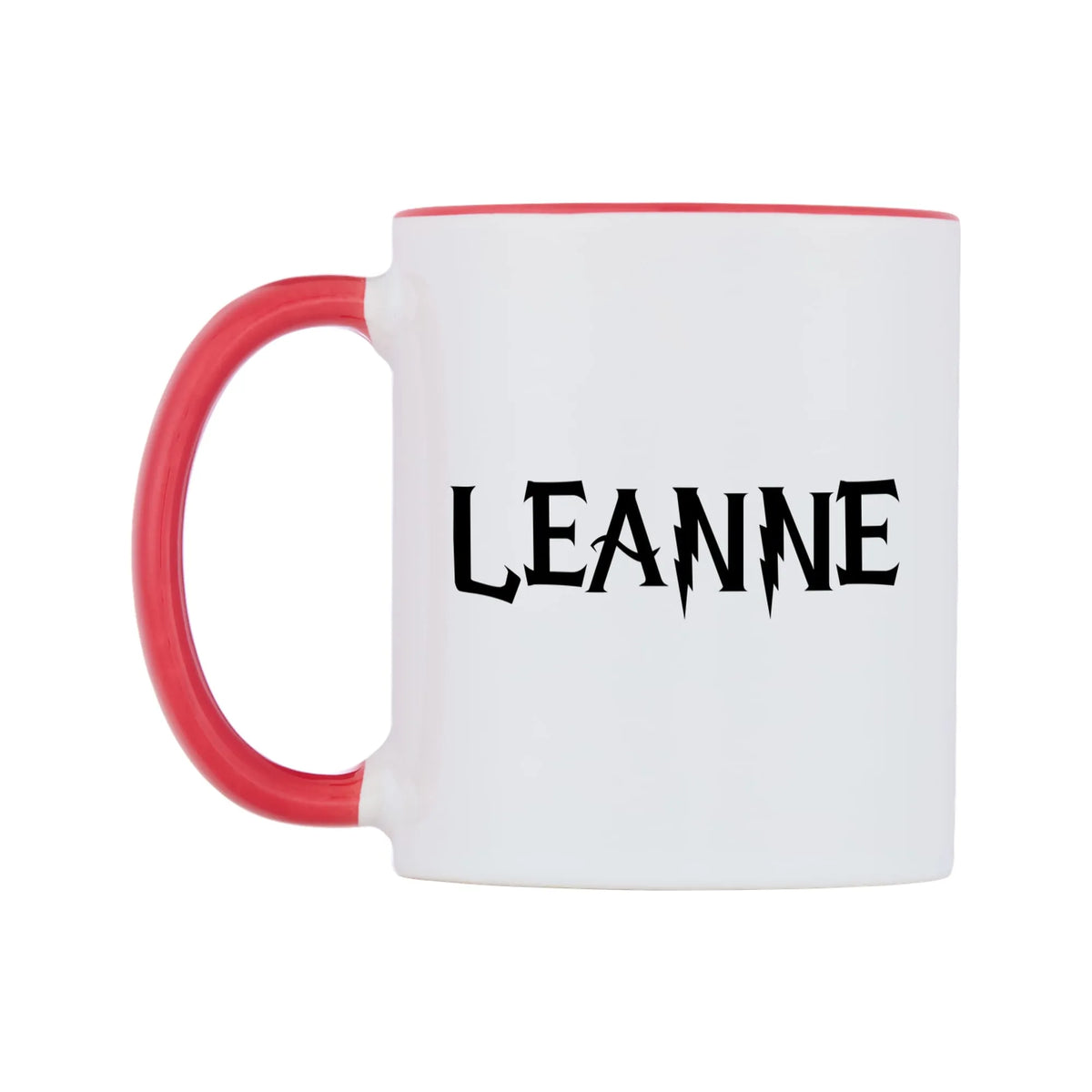 Leanne - Wizard Themed Mug — white 11oz gloss mug with a red inside and handle, right side, on a white background