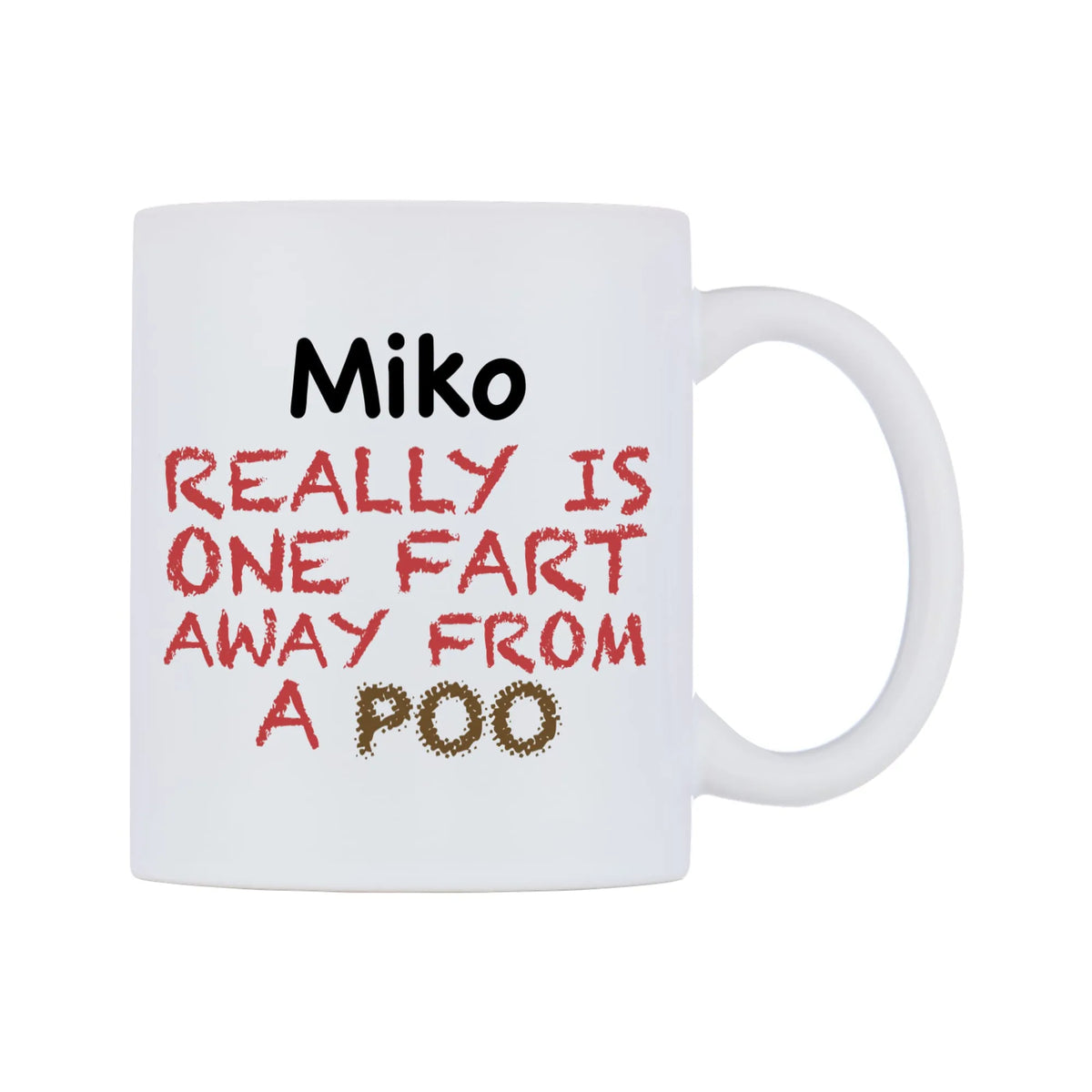Miko Really is ONE Fart Away from A Poo Mug — mug, left side, on a white background