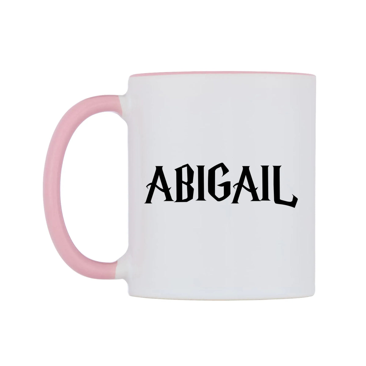 Abigail - Wizard Themed Mug — white 11oz gloss mug with a pink inside and handle, right side, on a white background