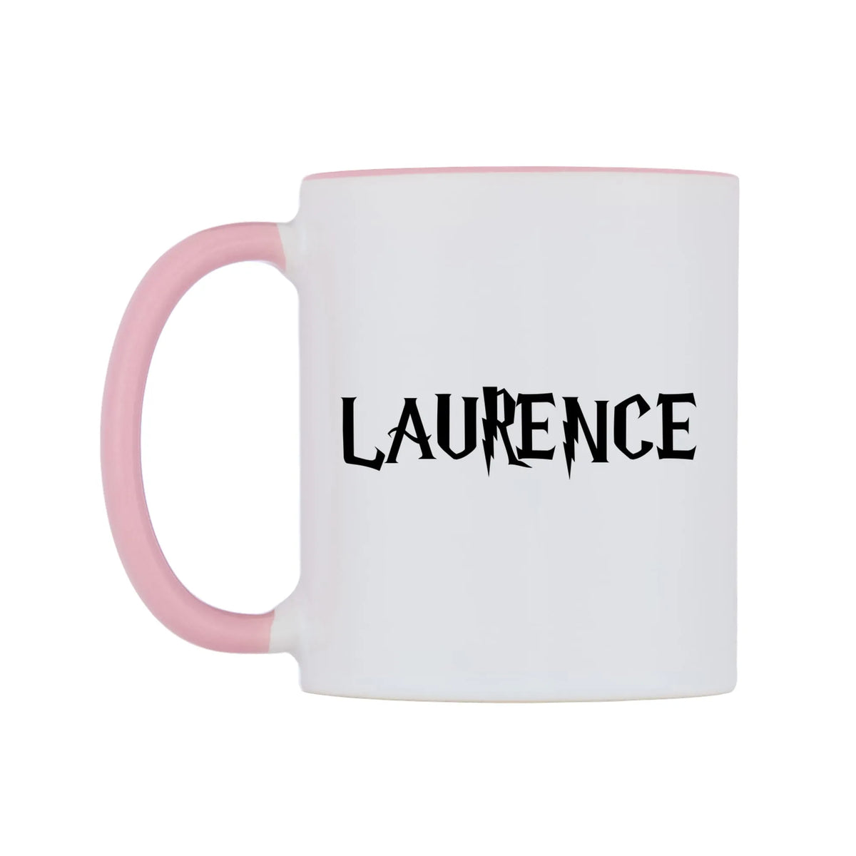 Laurence - Wizard Themed Mug — white 11oz gloss mug with a pink inside and handle, right side, on a white background