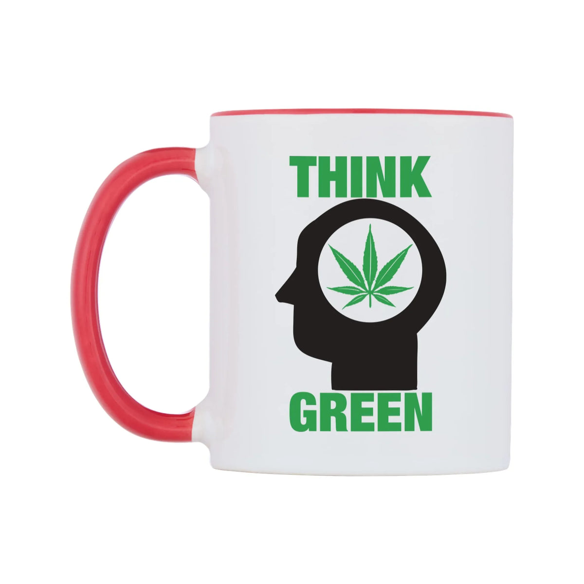 Think Green Mug — white 11oz gloss mug with a red inside and handle, right side, on a white background