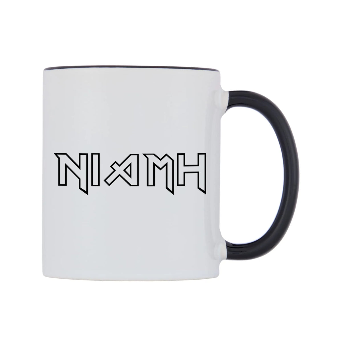 Niamh - Iron Maiden Themed Mug — white 11oz gloss mug with a black inside and handle, left side, on a white background