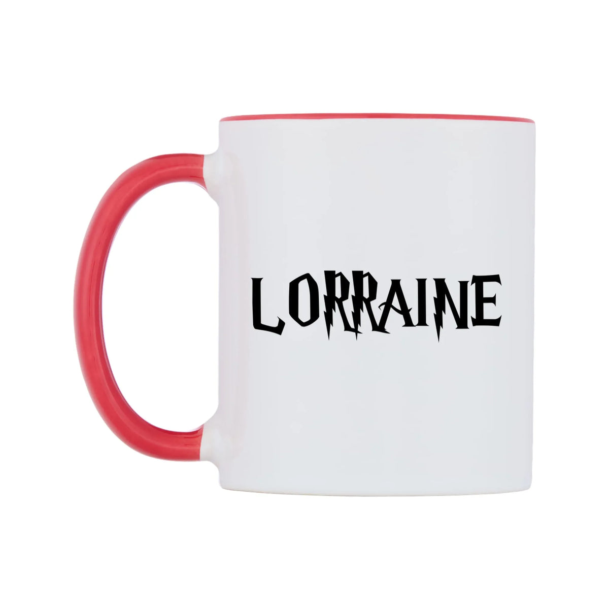 Lorraine - Wizard Themed Mug — white 11oz gloss mug with a red inside and handle, right side, on a white background