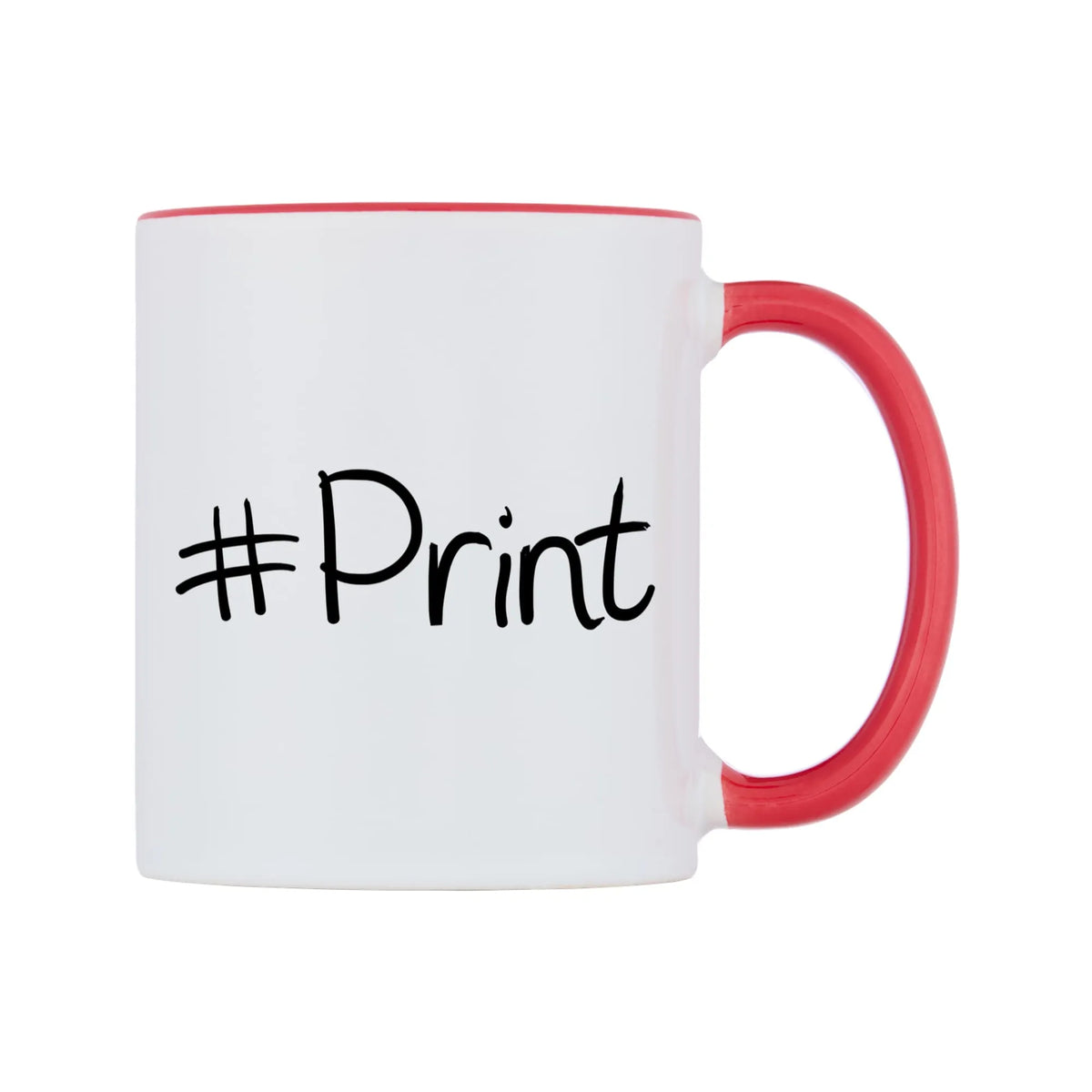 Print Mug — white 11oz gloss mug with a red inside and handle, left side, on a white background