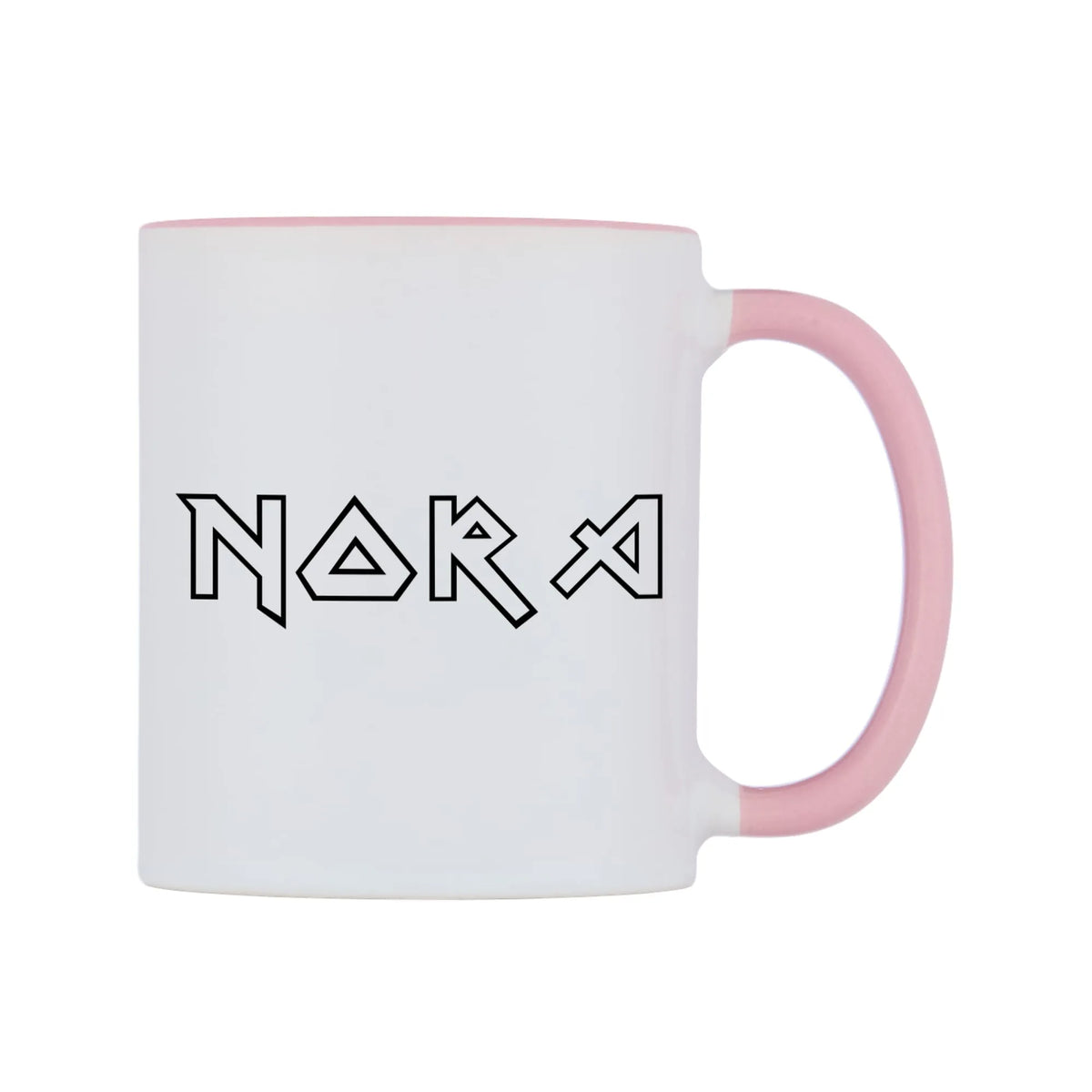 Nora - Iron Maiden Themed Mug — white 11oz gloss mug with a pink inside and handle, left side, on a white background
