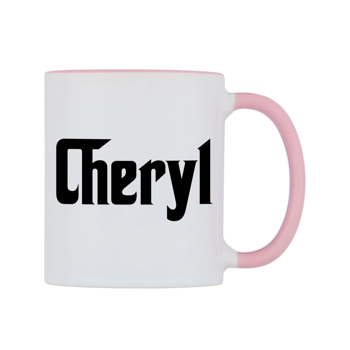 Cheryl - Godfather Themed Mug — white 11oz gloss mug with a pink inside and handle, left side, on a white background