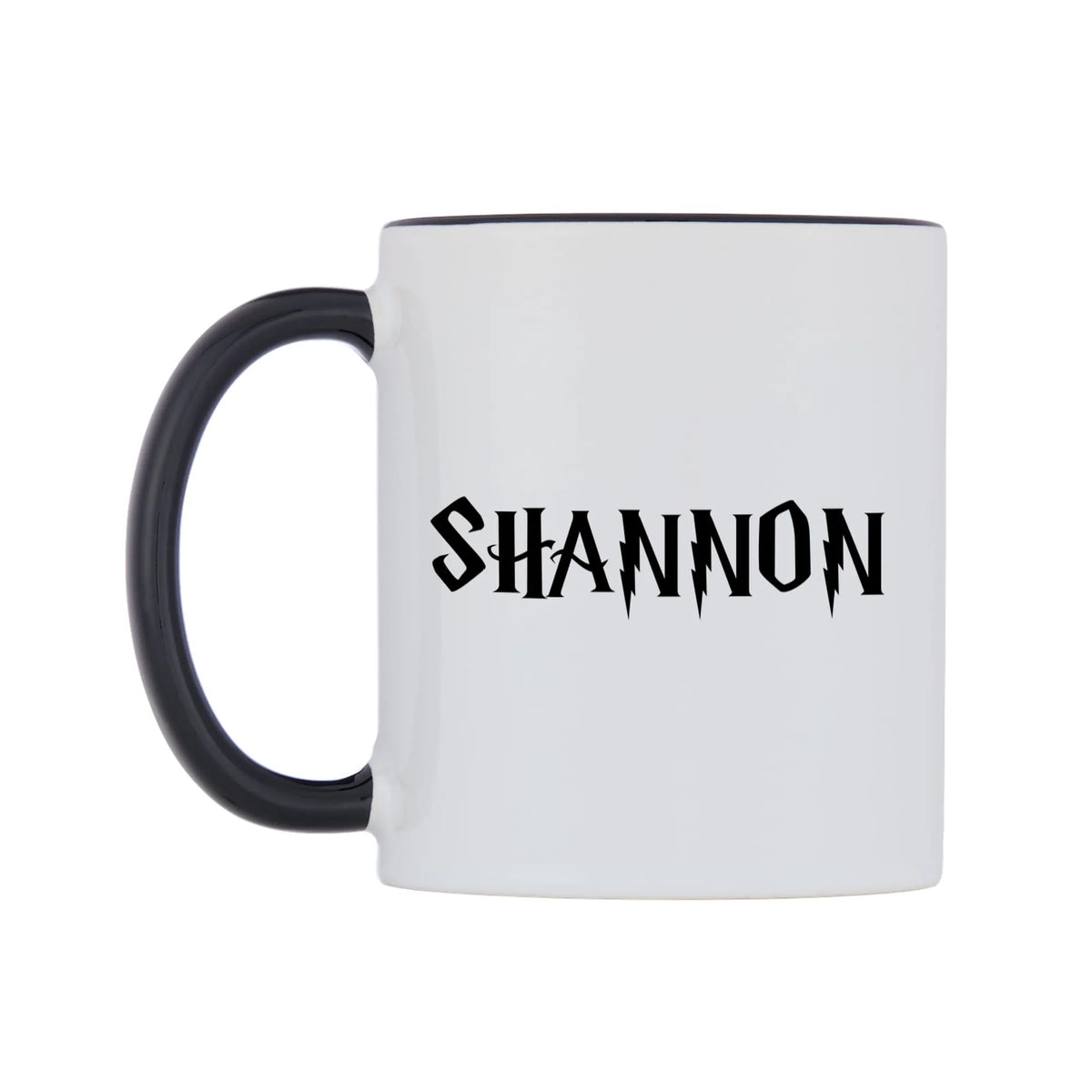 Shannon - Wizard Themed Mug — white 11oz gloss mug with a black inside and handle, right side, on a white background