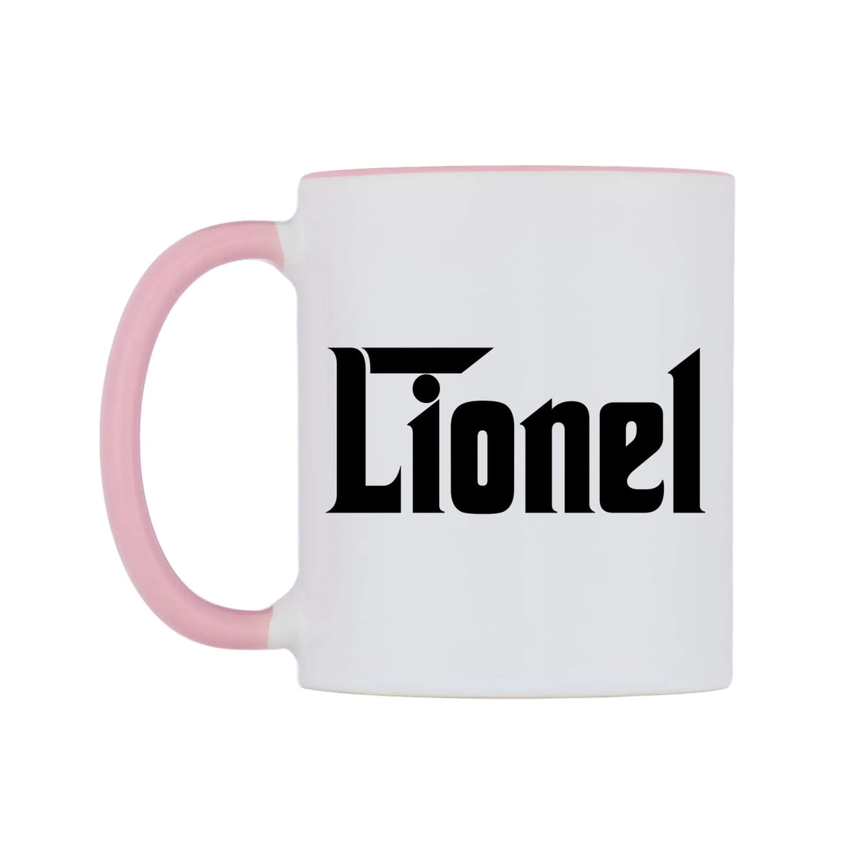 Lionel - Godfather Themed Mug — white 11oz gloss mug with a pink inside and handle, right side, on a white background