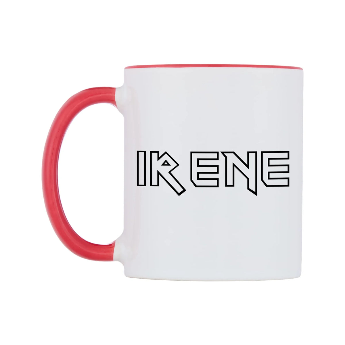 Irene - Iron Maiden Themed Mug — white 11oz gloss mug with a red inside and handle, right side, on a white background