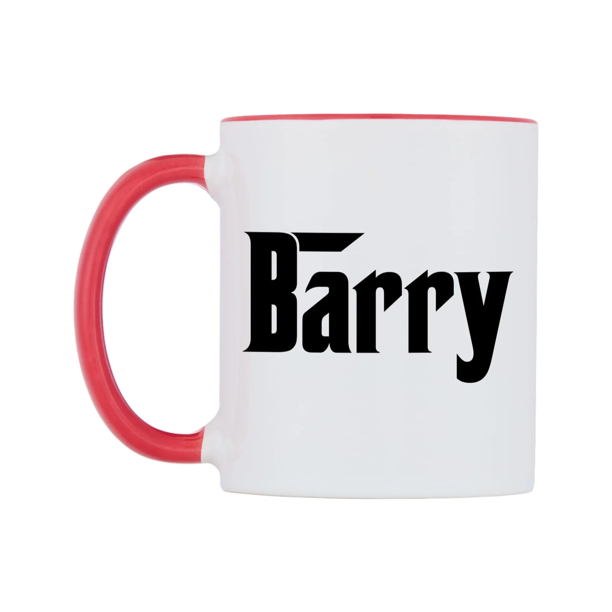Barry - Godfather Themed Mug — white 11oz gloss mug with a red inside and handle, right side, on a white background