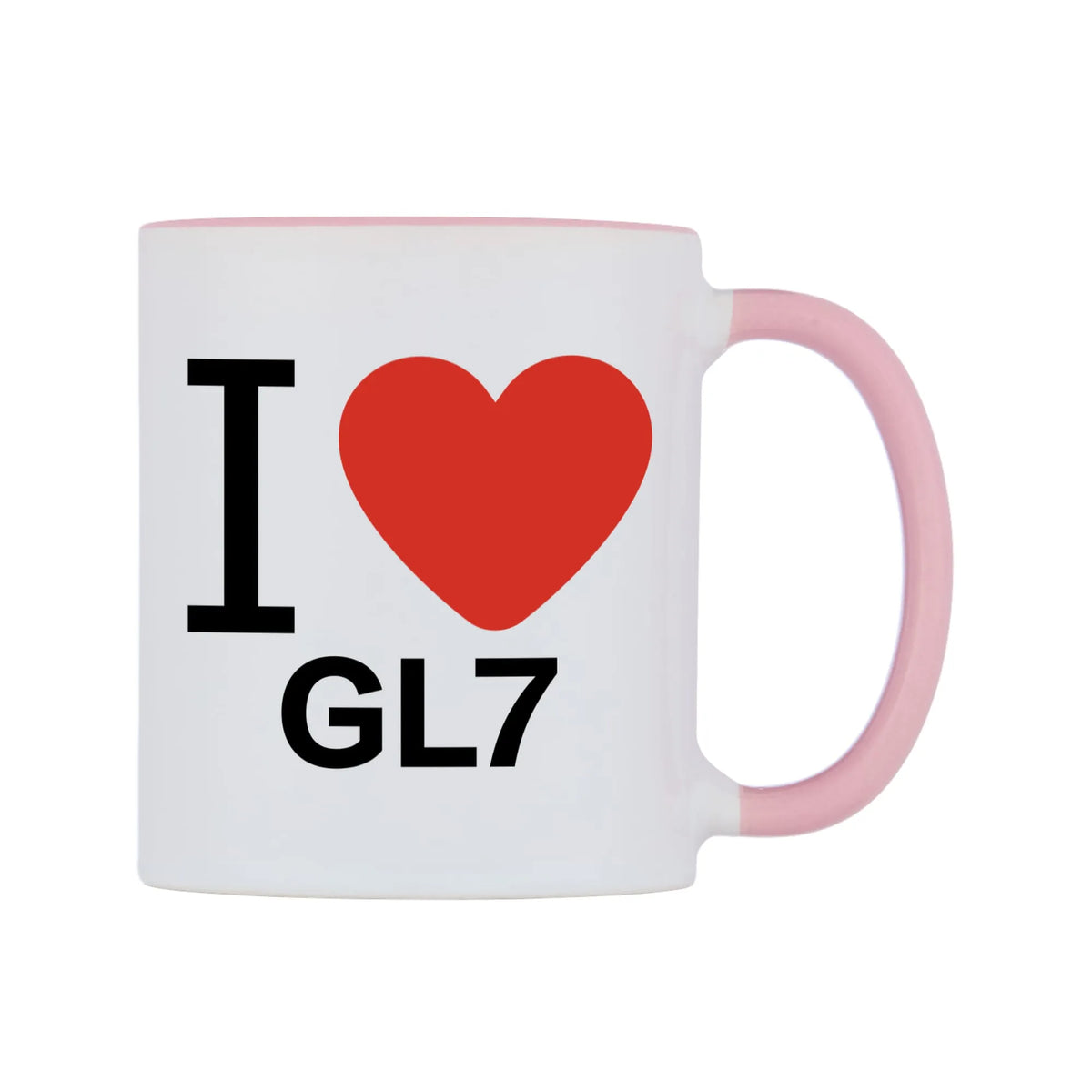 I Love GL7 Mug — white 11oz gloss mug with a pink inside and handle, left side, on a white background