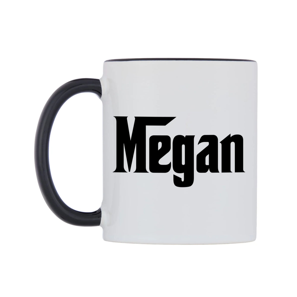 Megan - Godfather Themed Mug — white 11oz gloss mug with a black inside and handle, right side, on a white background