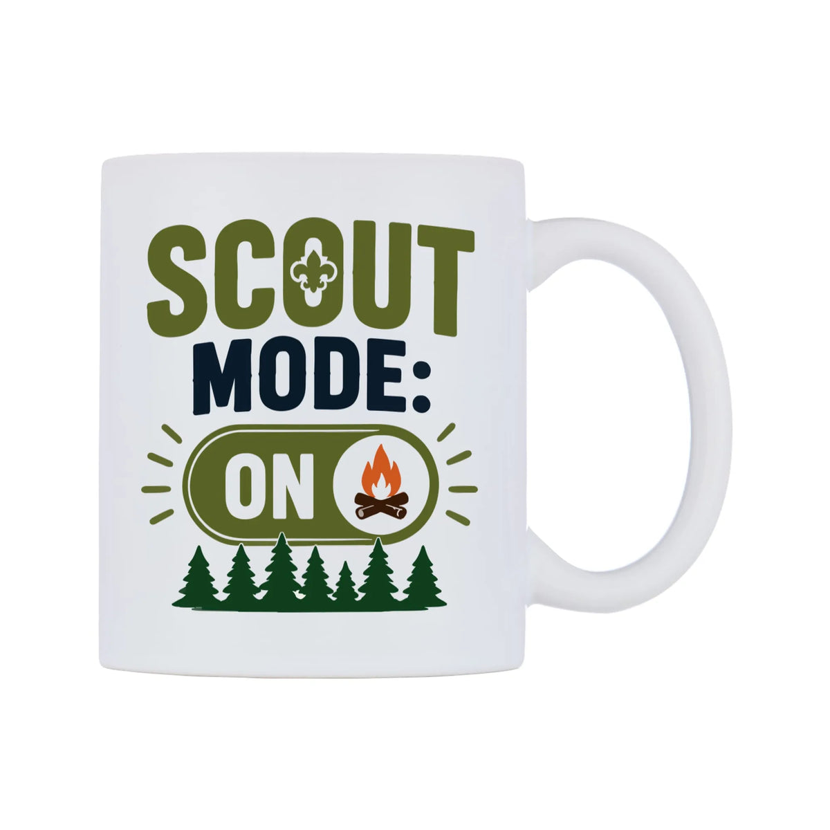 Scout Mode: ON Mug — white 11oz gloss mug, left side, on a white background