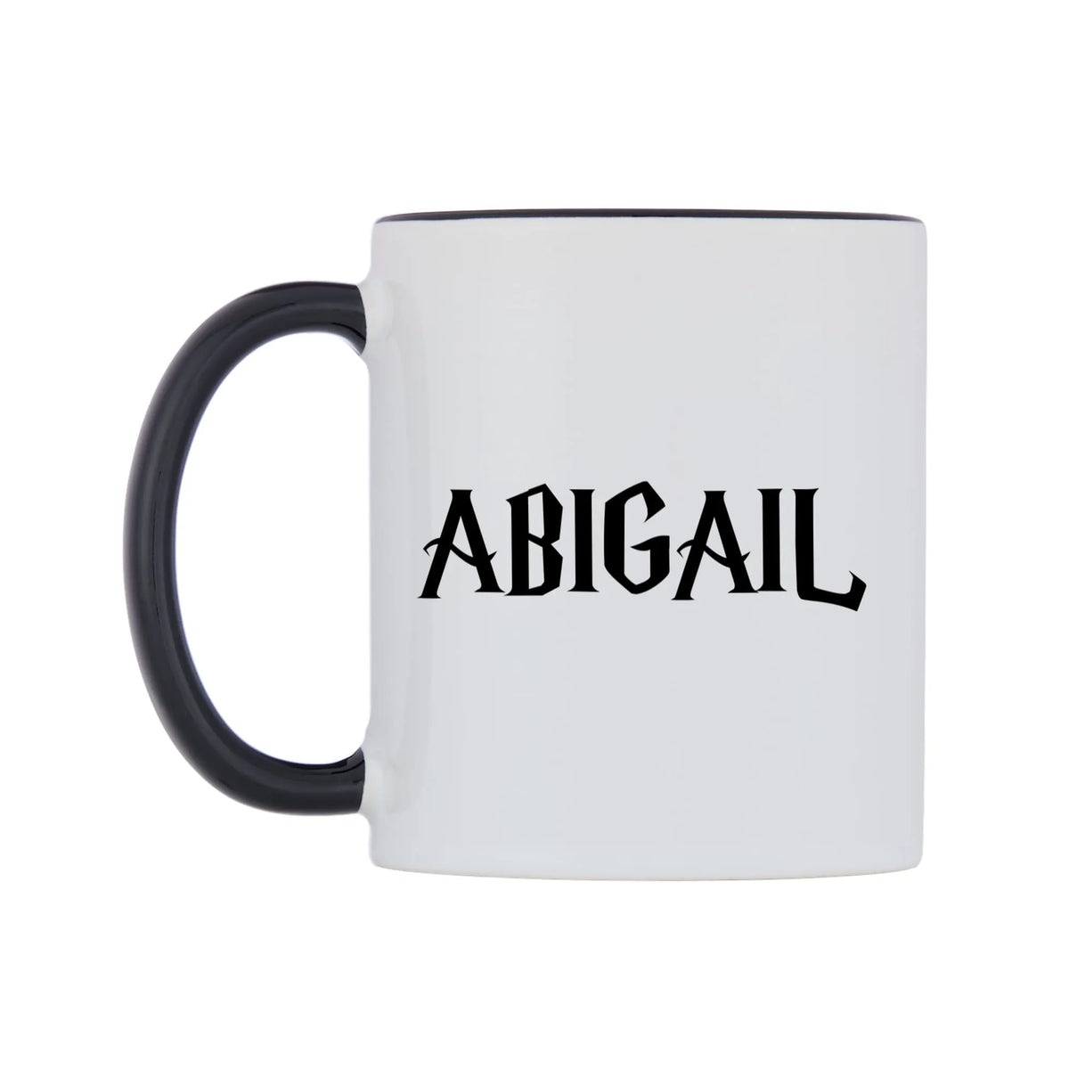 Abigail - Wizard Themed Mug — white 11oz gloss mug with a black inside and handle, right side, on a white background