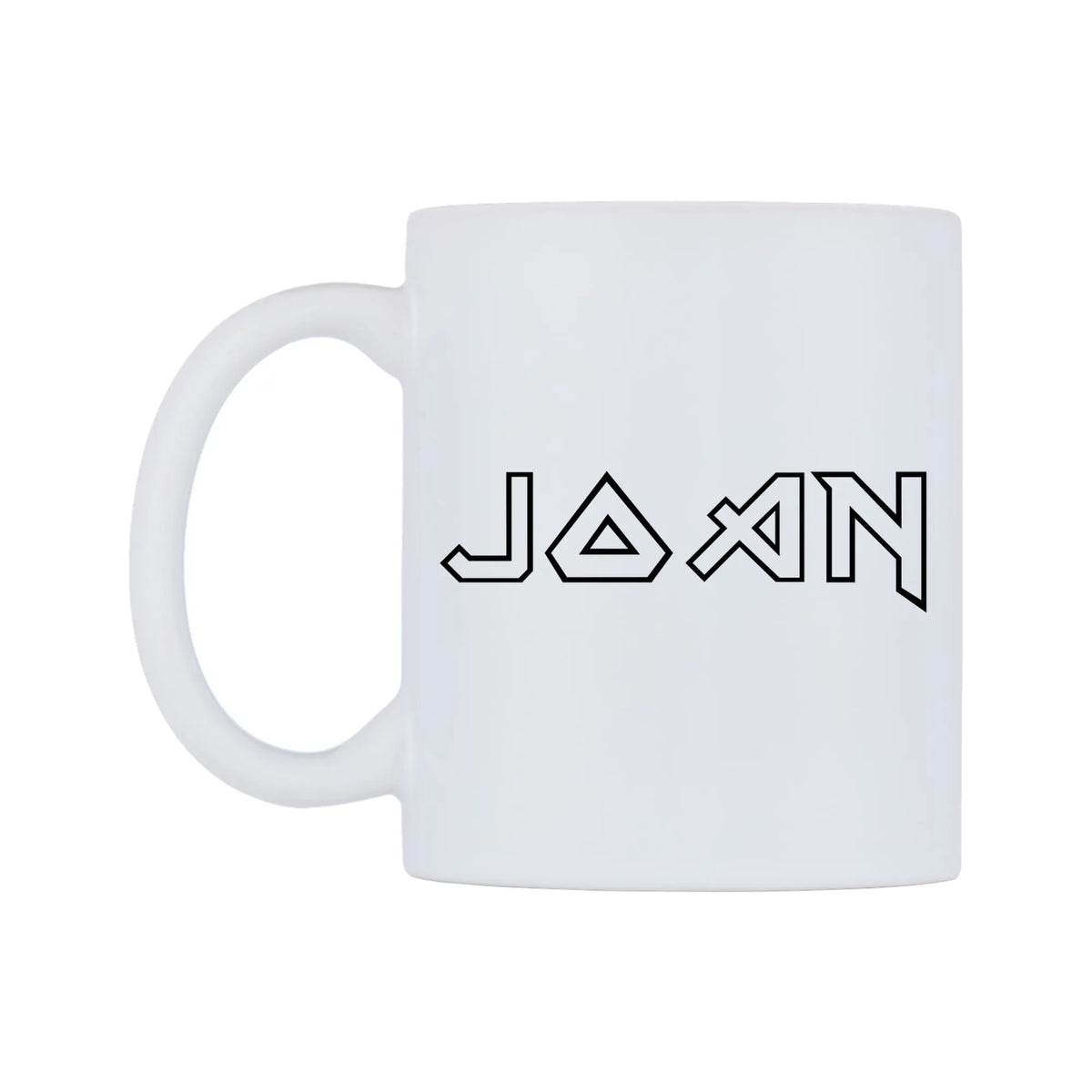 Joan - Iron Maiden Themed Mug — white 11oz gloss mug, right side, on a white background