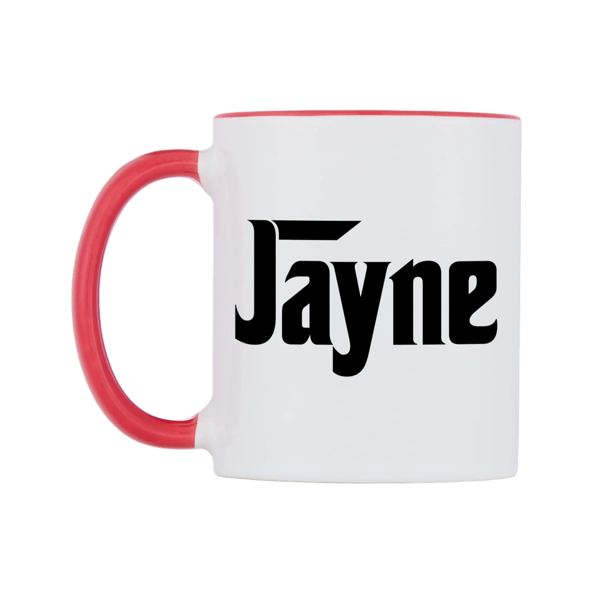 Jayne - Godfather Themed Mug — white 11oz gloss mug with a red inside and handle, right side, on a white background