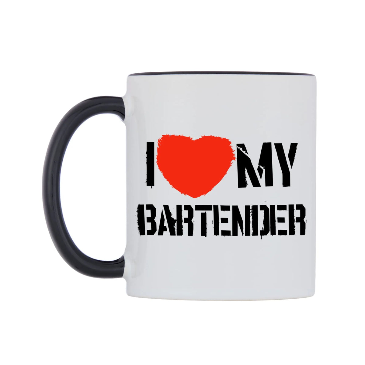 I Love My Bartender Mug — white 11oz gloss mug with a black inside and handle, right side, on a white background