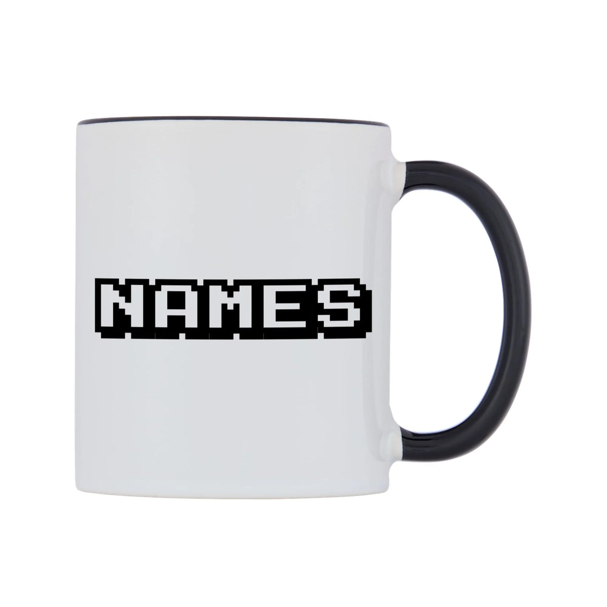 Personalised Arcade Themed Font Names Mug — white 11oz gloss mug with a black inside and handle, left side, on a white background