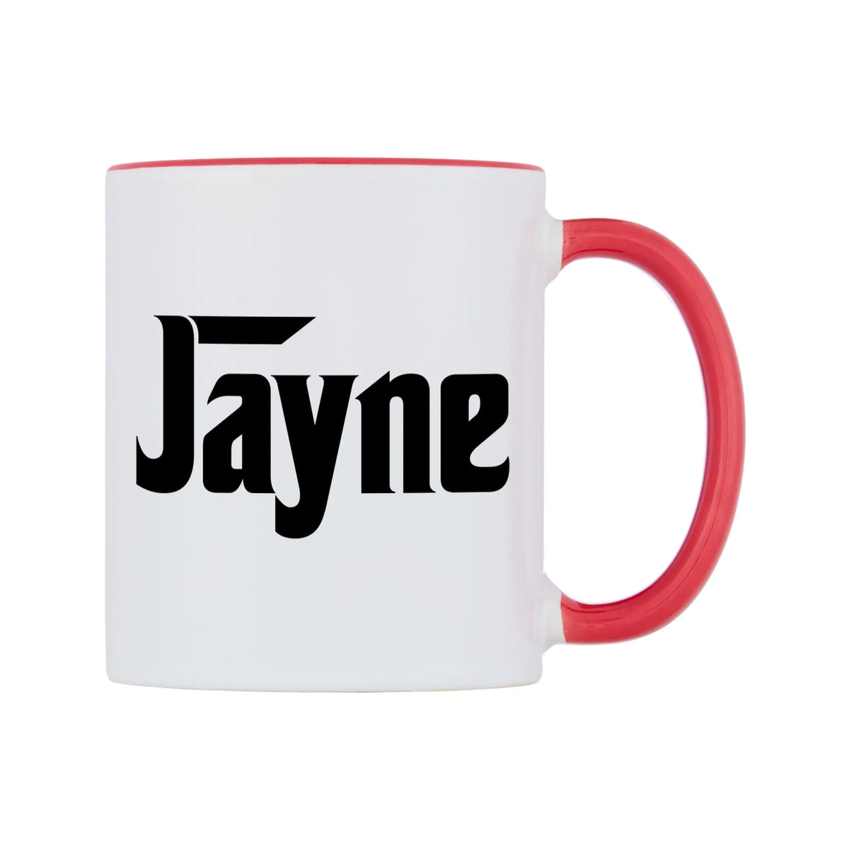 Jayne - Godfather Themed Mug — white 11oz gloss mug with a red inside and handle, left side, on a white background