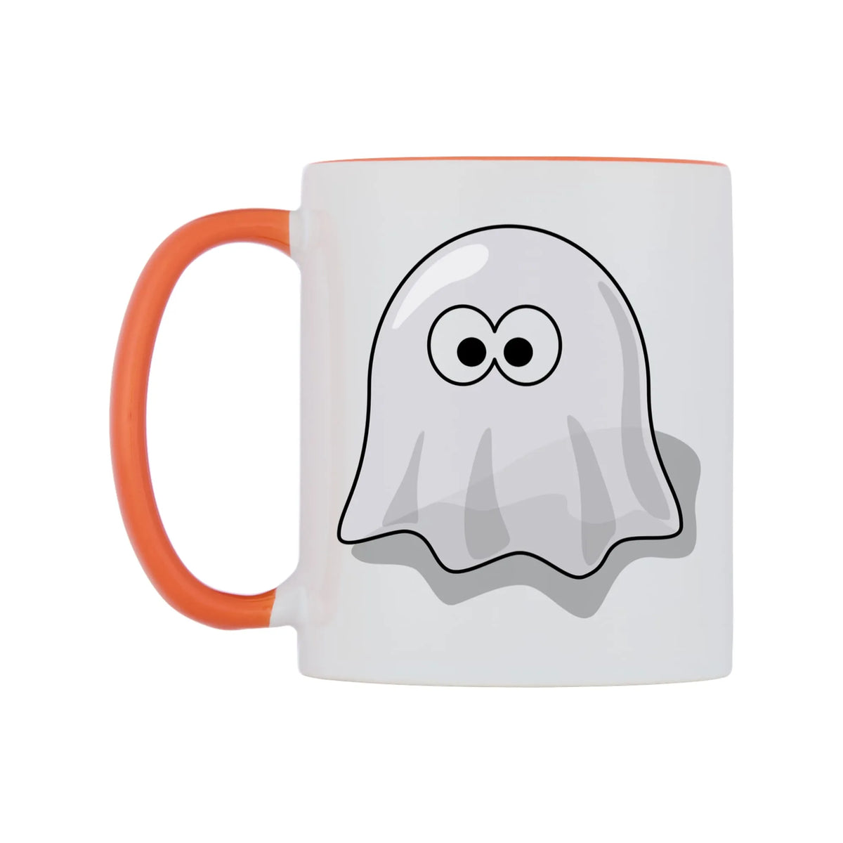 Little Ghost Mug — white 11oz gloss mug with a orange inside and handle, right side, on a white background