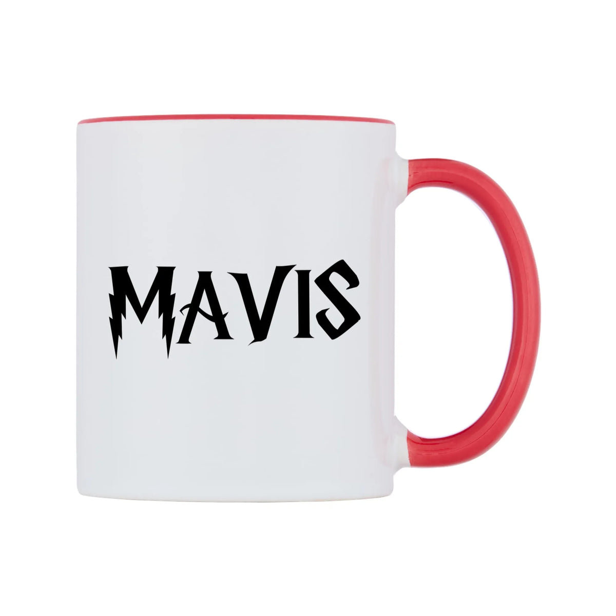 Mavis - Wizard Themed Mug — white 11oz gloss mug with a red inside and handle, left side, on a white background