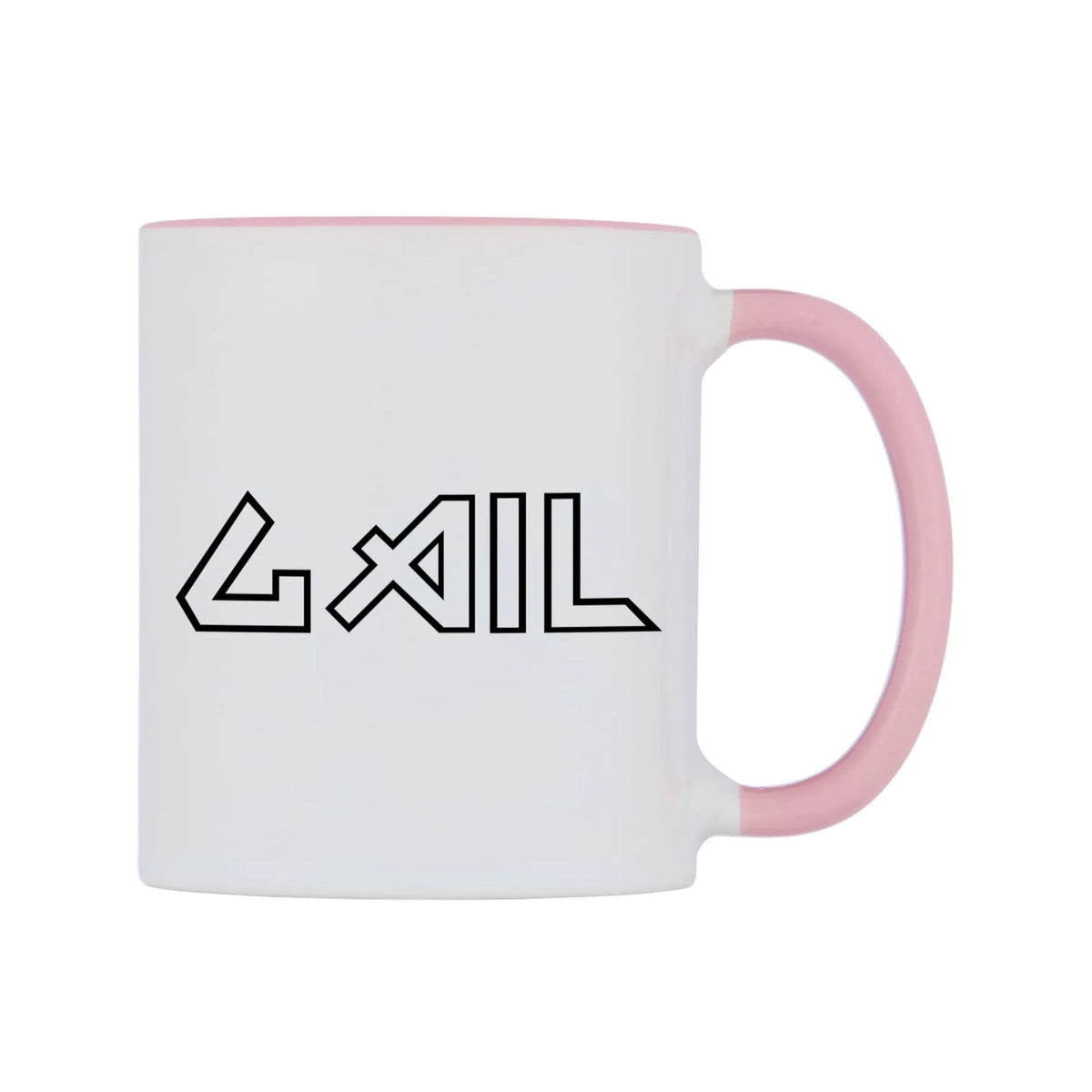 Gail - Iron Maiden Themed Mug — white 11oz gloss mug with a pink inside and handle, left side, on a white background