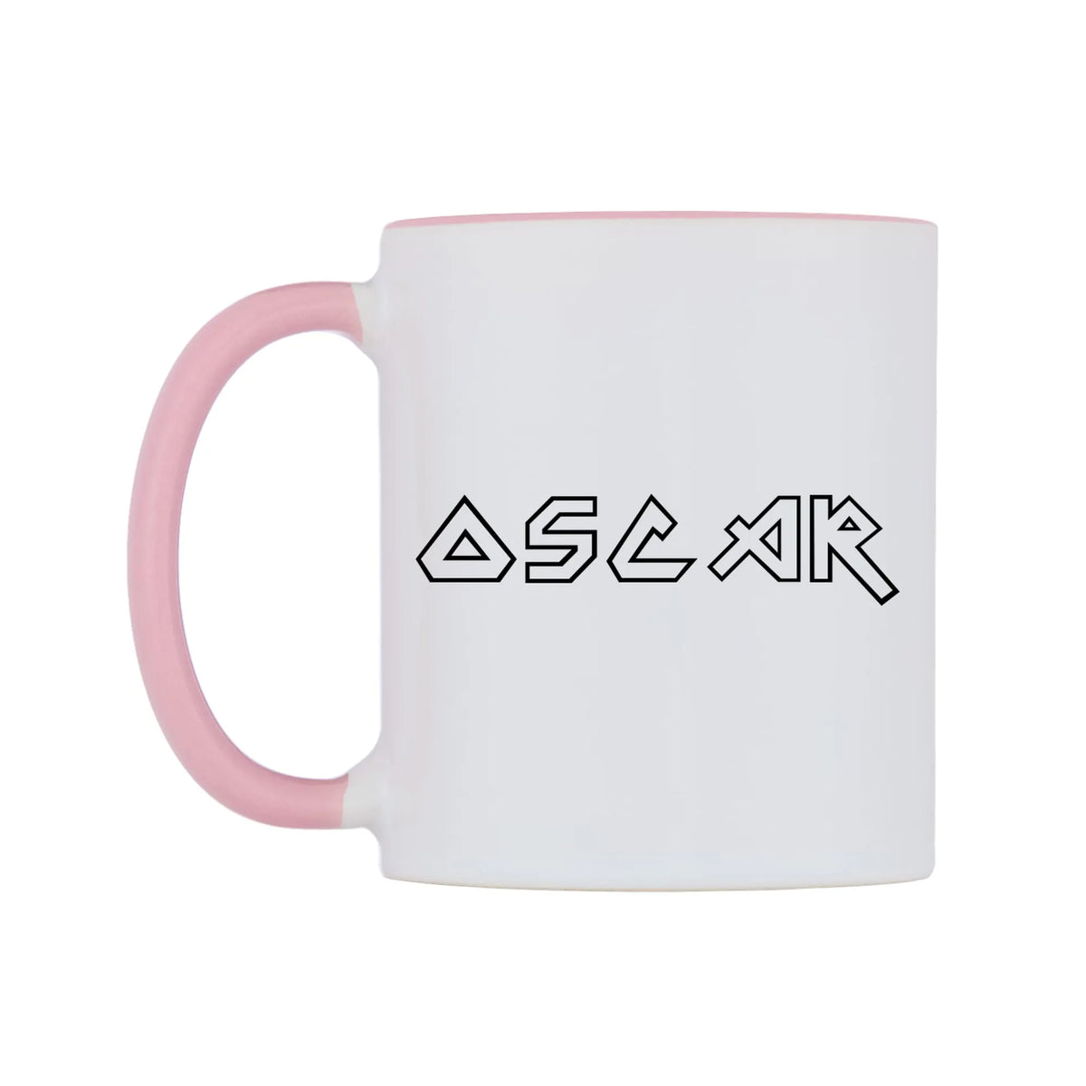 Oscar - Iron Maiden Themed Mug — white 11oz gloss mug with a pink inside and handle, right side, on a white background